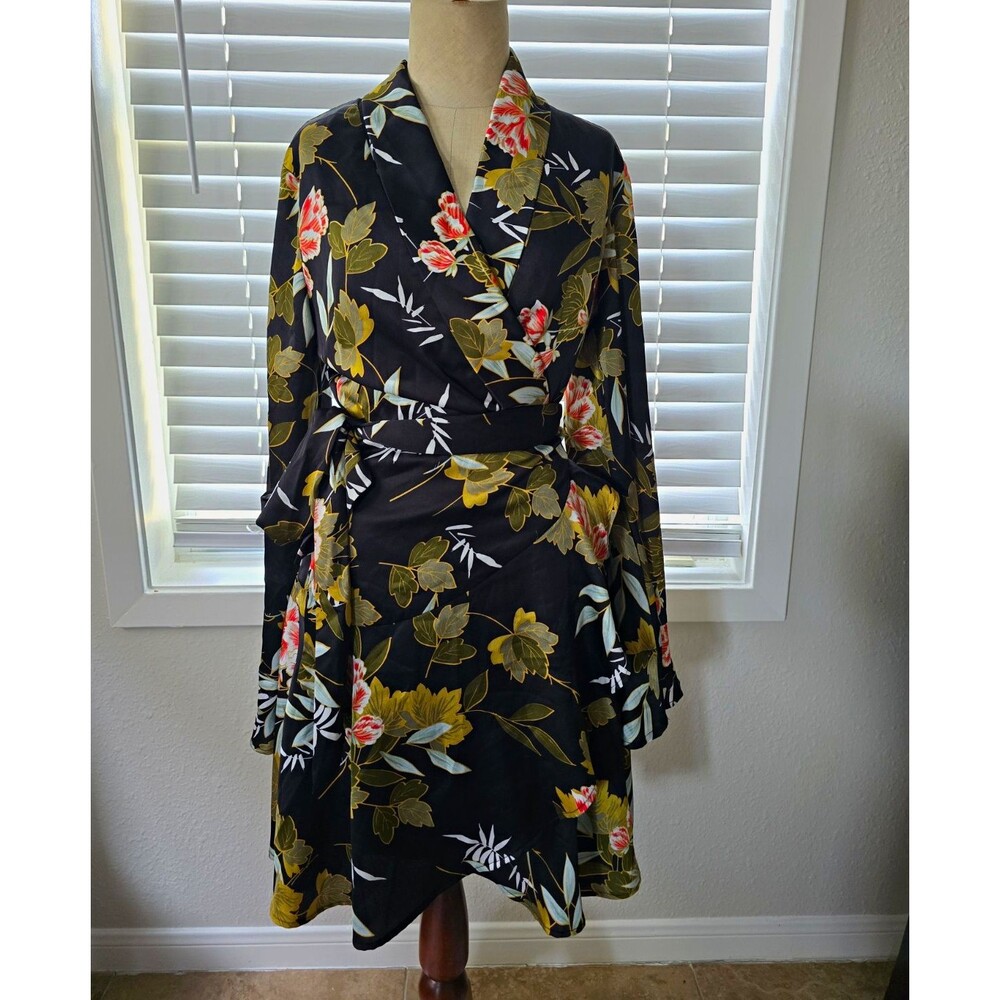 FORE Black Floral Satin Wrap Midi Dress Skirt M Coquette Quiet Luxury Fall Chic